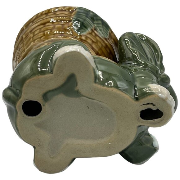Green Elephant Planter Lucky Trunk Up Ceramic with Basket Tropical 5" x 4" - Picture 6 of 8